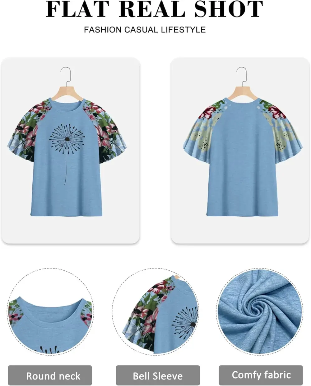 HDLTE Womens Plus Size Tops Floral Bell Sleeves Blouses Summer Crewneck Tunic Loose Casual T Shirts