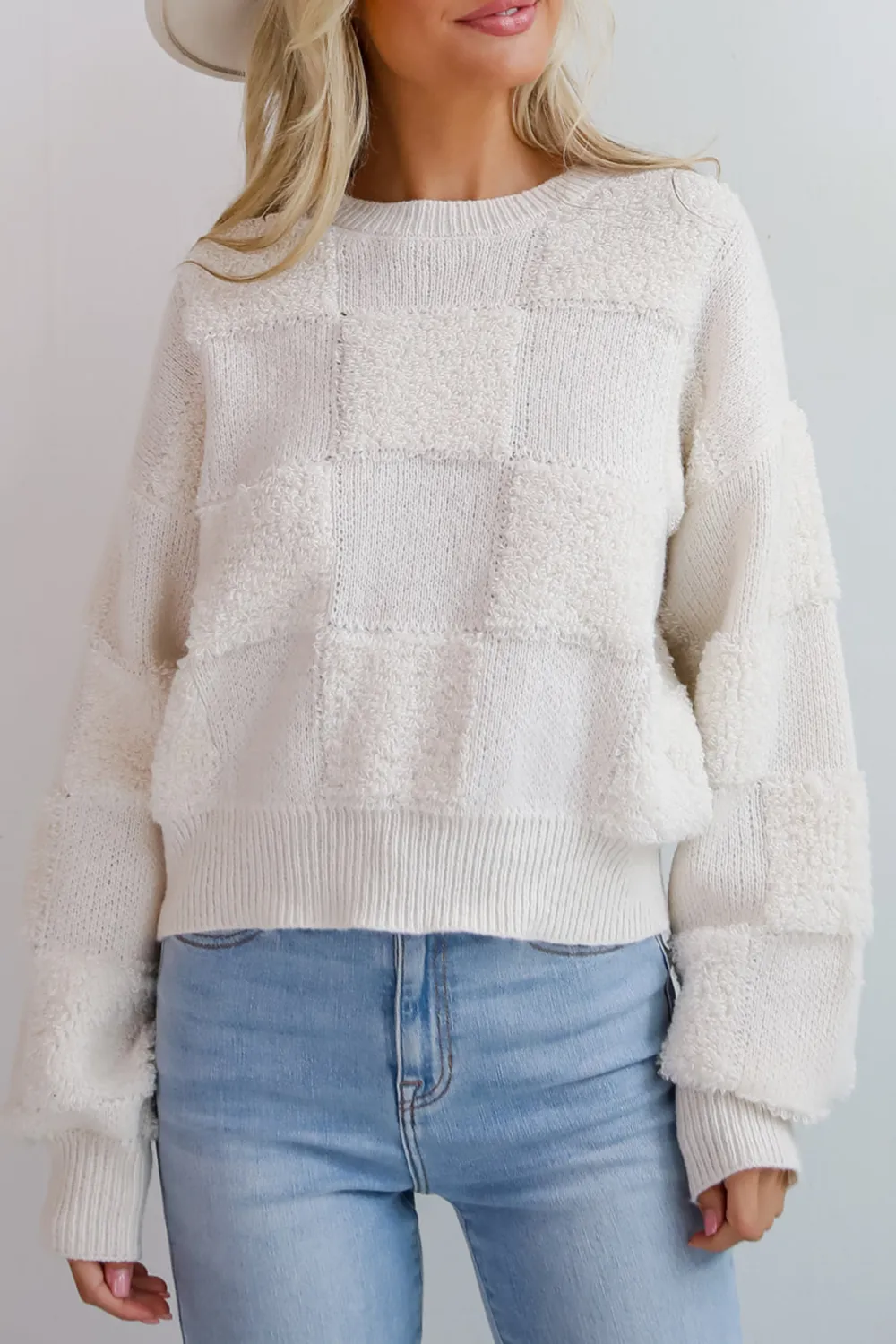 Cozy Effect Cream Checkered Fuzzy Knit Sweater