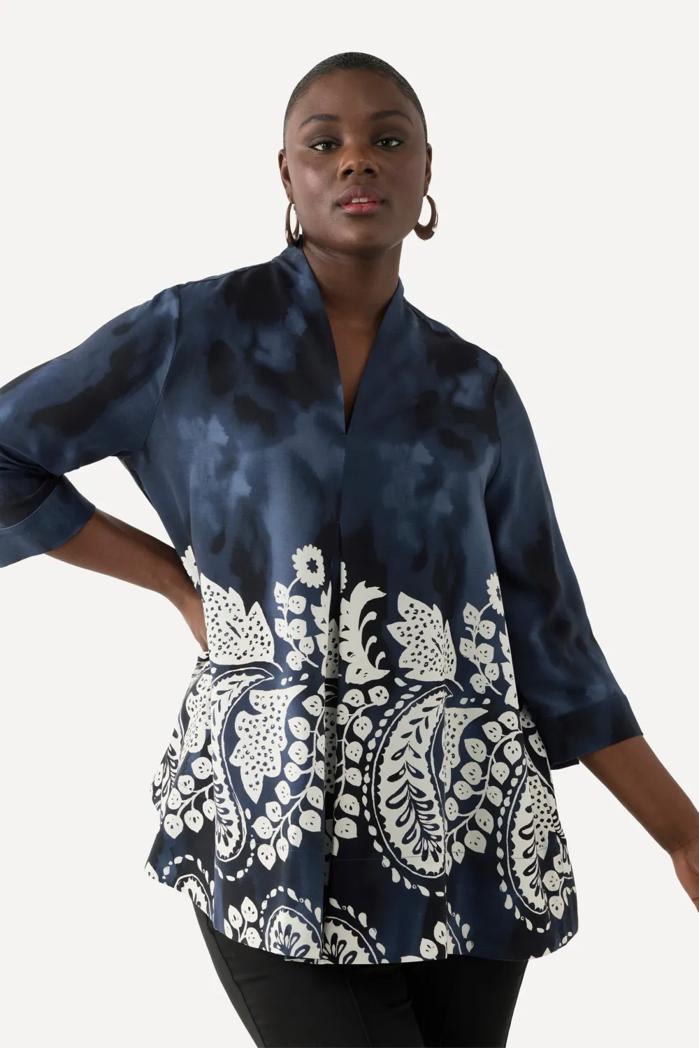 Lyocell-Tunika, A-Linie, Kelchkragen, V-Ausschnitt, 3/4-Arm