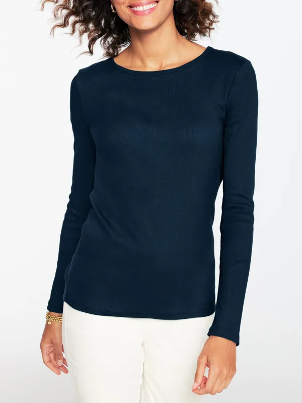 Lady Modern Ribbed Woven Texture Round Neck Long Sleeve T-Shirt
