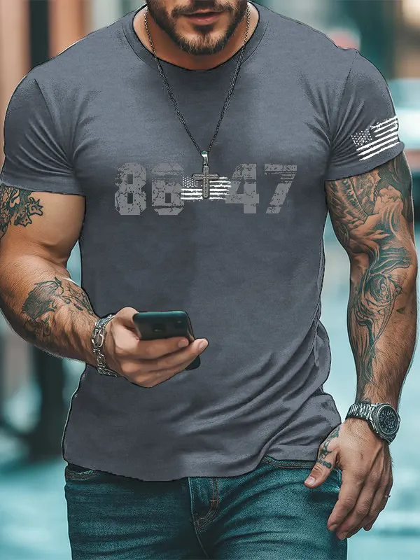 Men'S T-Shirt Men'S Retro 8647 Print Casual Round Neck T-Shirt