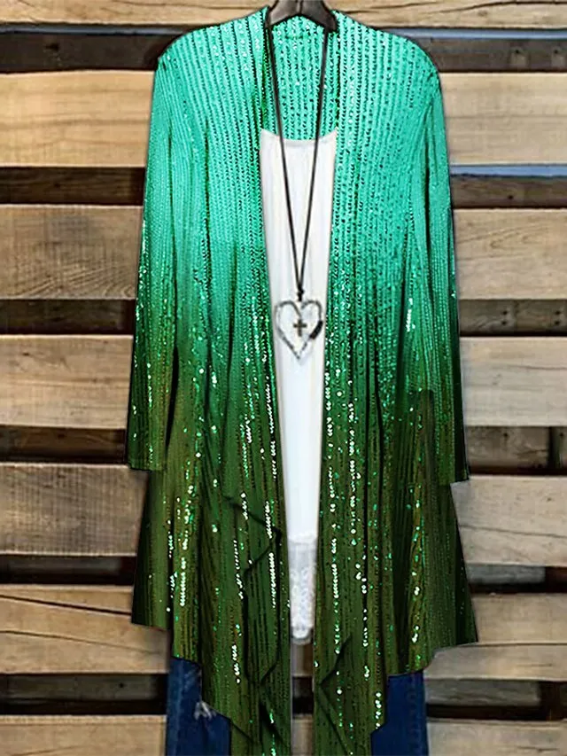 Women's Plus Size Jacket Sequins Print Floral Tie Dye Color Gradient Holiday Date Long Sleeve Open Front Regular Winter Fall Green Black Purple L XL XXL 3XL