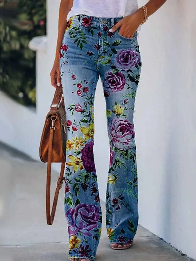 Women's Bootcut Flared Pants Bell Bottom Grey Fashion Casual Daily Full Length Flower / Floral XXL