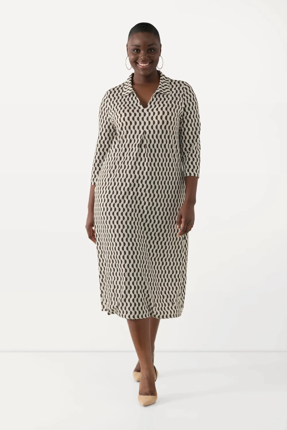 Midikleid Slinky-Piqué A-Linie Hemdkragen 3/4-Arm