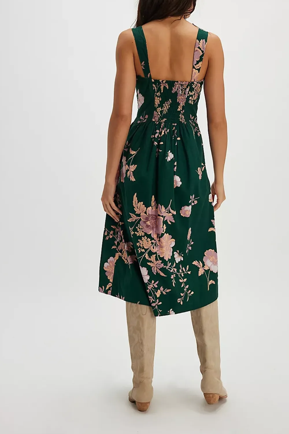 Square Neck Plaid Smocked Midi Dress