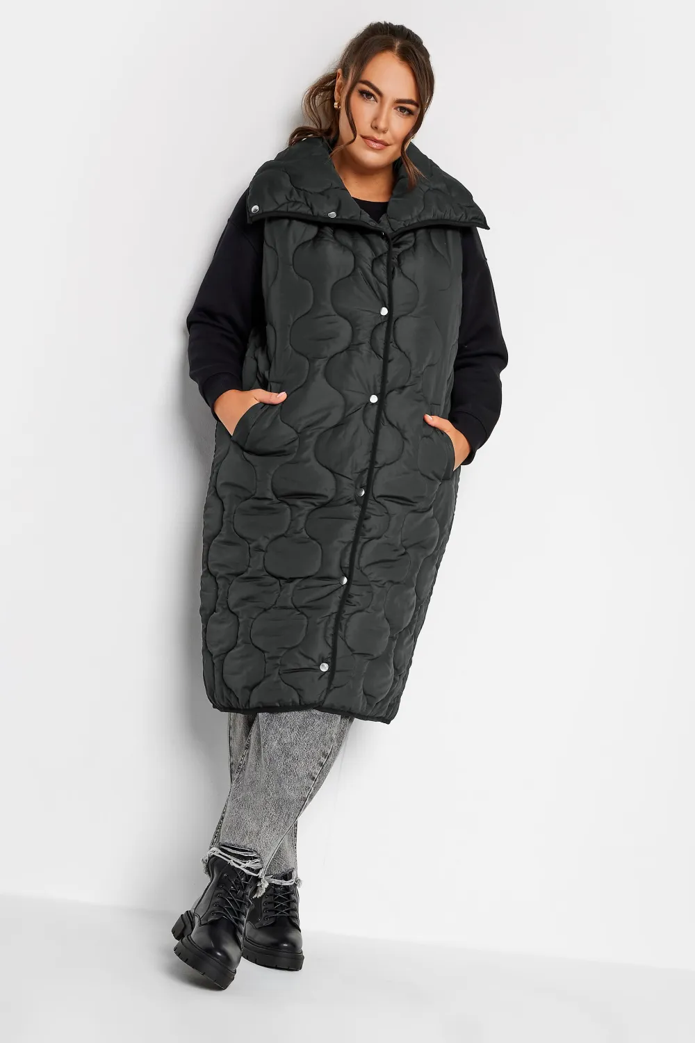 YOURS Curve Black Funnel Neck Quilted Longline Gilet