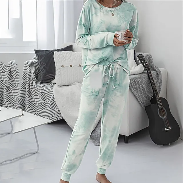 Women's Loungewear Sets Tracksuits 2 Pieces Tie Dye Sport Simple Casual Home Street Airport Polyester Crew Neck Long Sleeve Pullover Pant Elastic Waist Winter Fall Green Blue