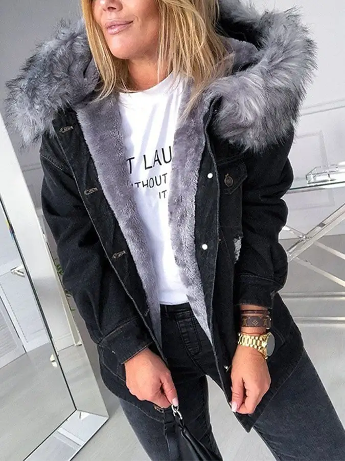 Women'S Big Fur Collar Denim Jacket Fashion Casual Jacket