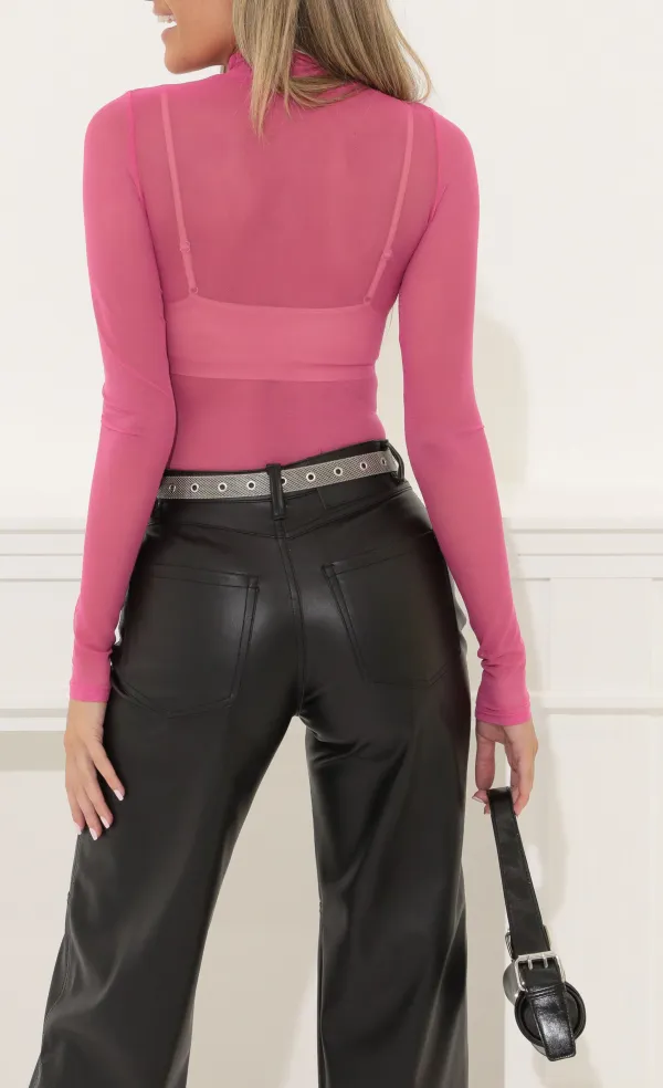 Mesh Long Sleeve Bodysuit in Fuchsia