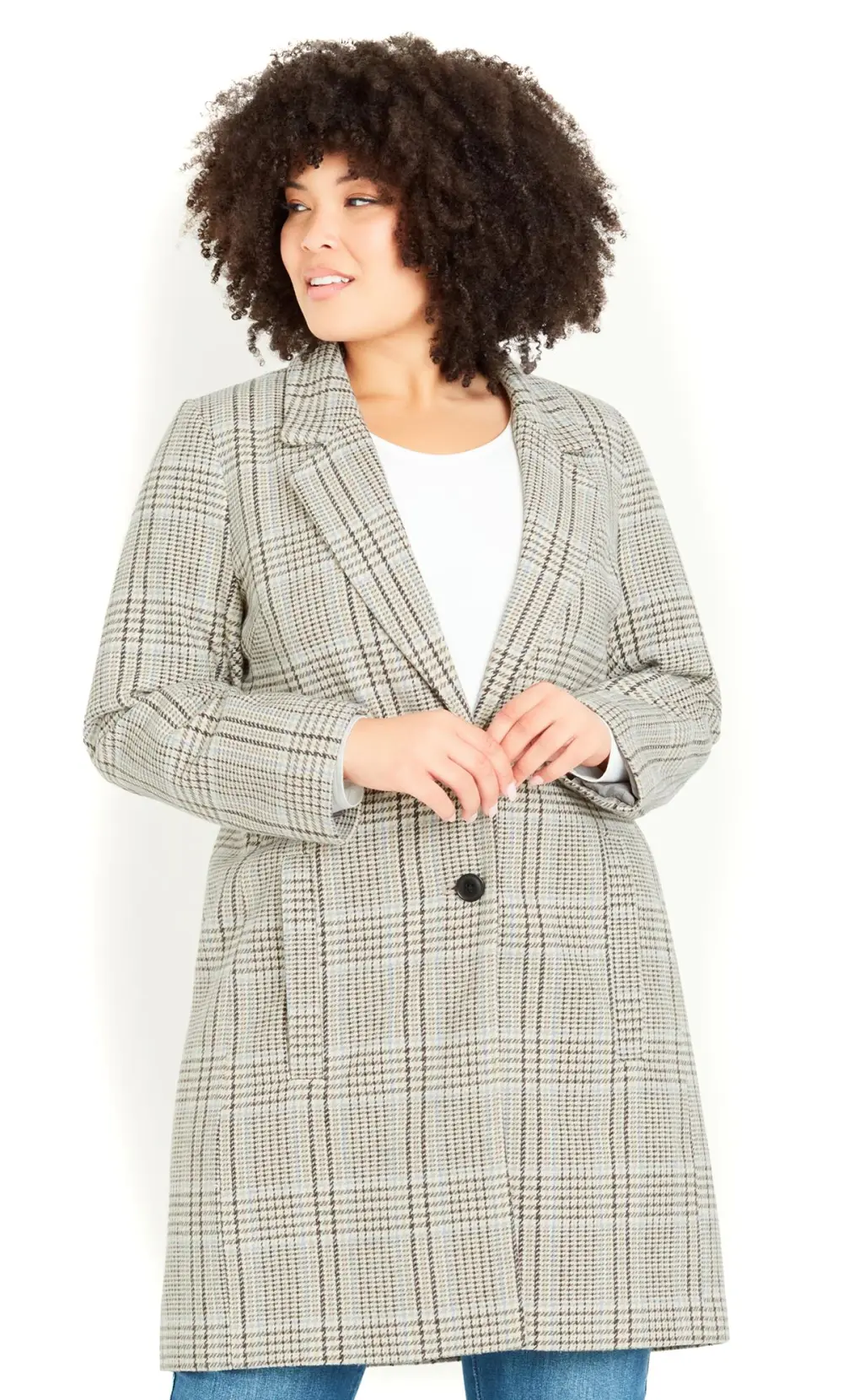 Evans Natural Brown Checked Button Detail Blazer