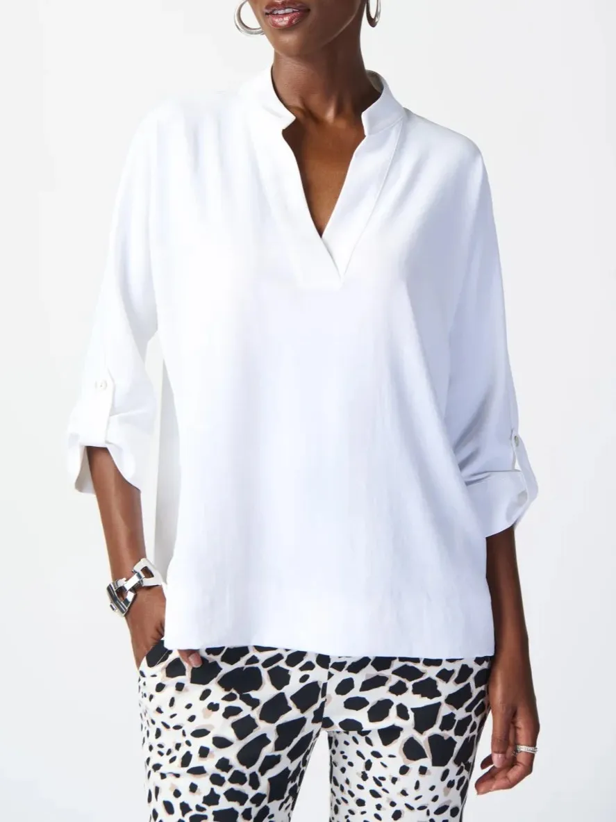 White V - Neck Roll - Sleeve Blouse