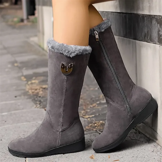 Women's Boots Suede Shoes Snow Boots Furry Feather Athletic Walking Fleece Lined Mid Calf Boots Winter Buckle Zipper Flat Heel Wedge Heel Round Toe Vintage Plush Classic Faux Suede Zipper Solid Color