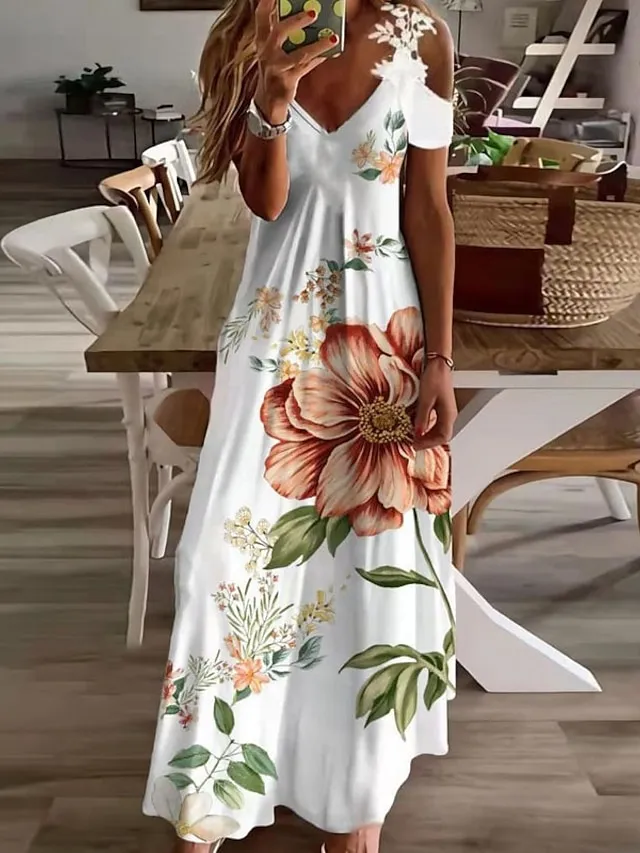 Women's Casual Dress Floral Dress Long Dress Maxi Dress Black White Blue Short Sleeve Floral Cold Shoulder Spring Summer V Neck Fashion Daily Vacation Weekend 2023 S M L XL XXL 3XL
