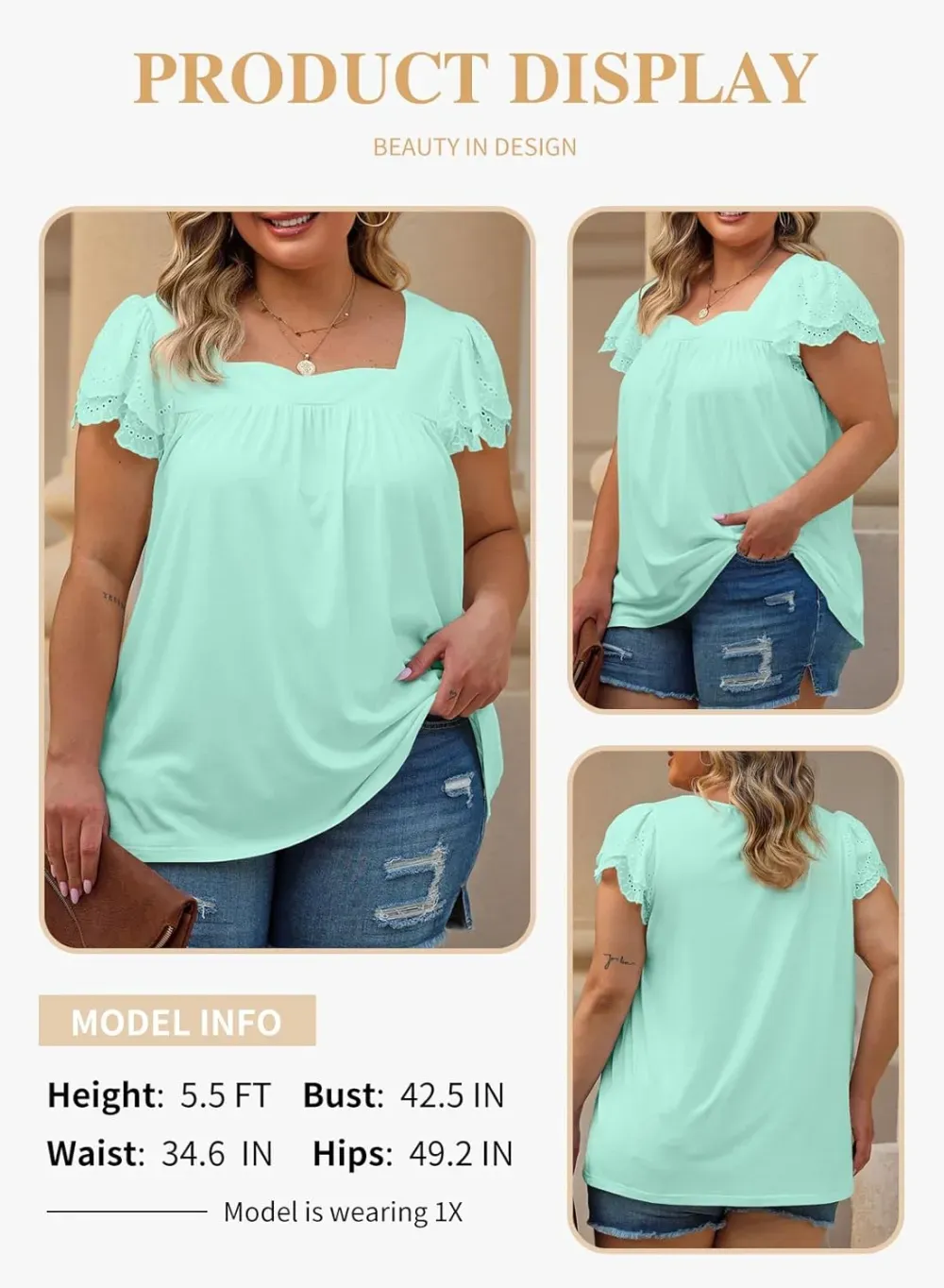 Eytino Womens Plus Size Tops Ruffle Short Sleeve Square Neck Summer Loose Casual Tee Shirts(1X-5X)