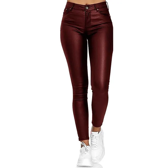 Women's Skinny Pants Trousers PU Artificial Leather Black Wine Blue Mid Waist Streetwear Stylish Party Casual Going out Micro-elastic Full Length Comfort Plain S M L XL XXL
