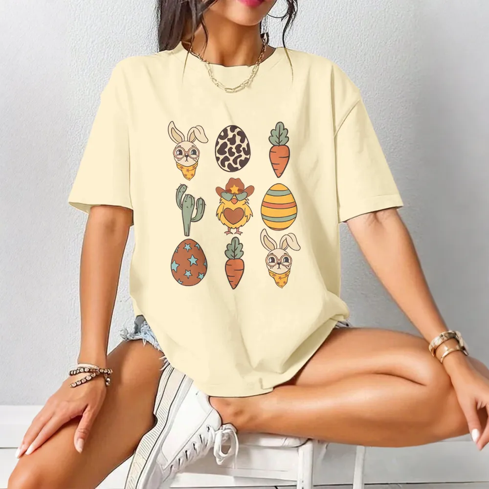 A Set Of Patterns, Including A Rabbit Head Wearing A Scarf, Leopard Print Eggs, Carrots, Cacti, Chickens Wearing Cowboy Hats, Striped Eggs, Etc. The Overall Style Is Cute And Casual T-Shirts.