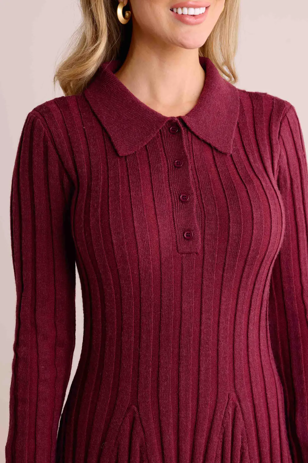 Wine Red Knit Collared Long Sleeve Dress