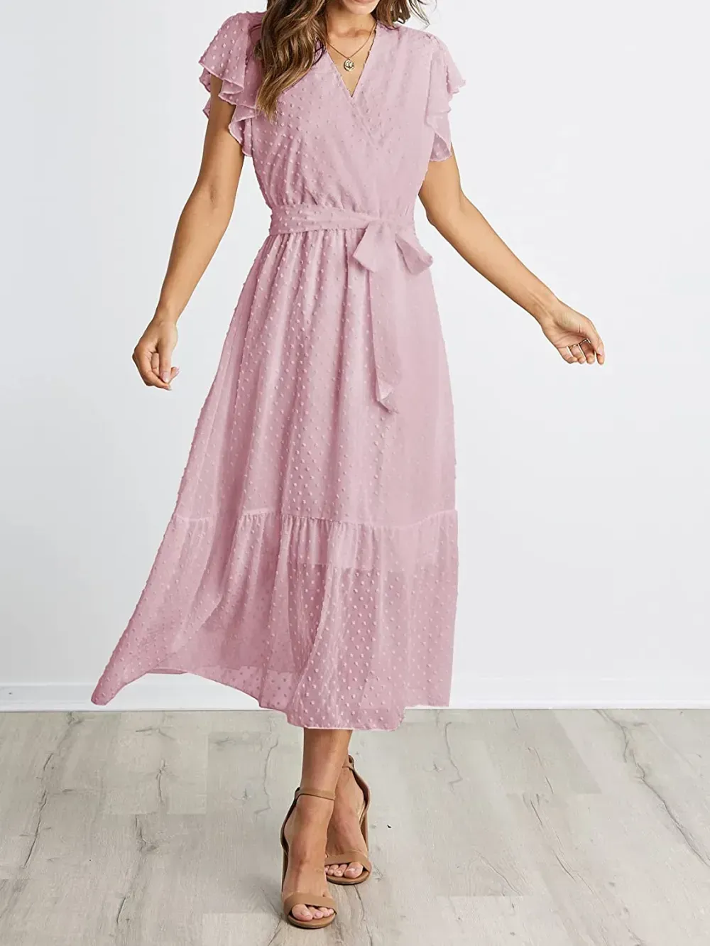 Women Summer Bohemian Floral Casual Wrap V Neck Ruffle Cap Sleeveless Belt A-Line Pleated Hem Swing Midi Sun Dress