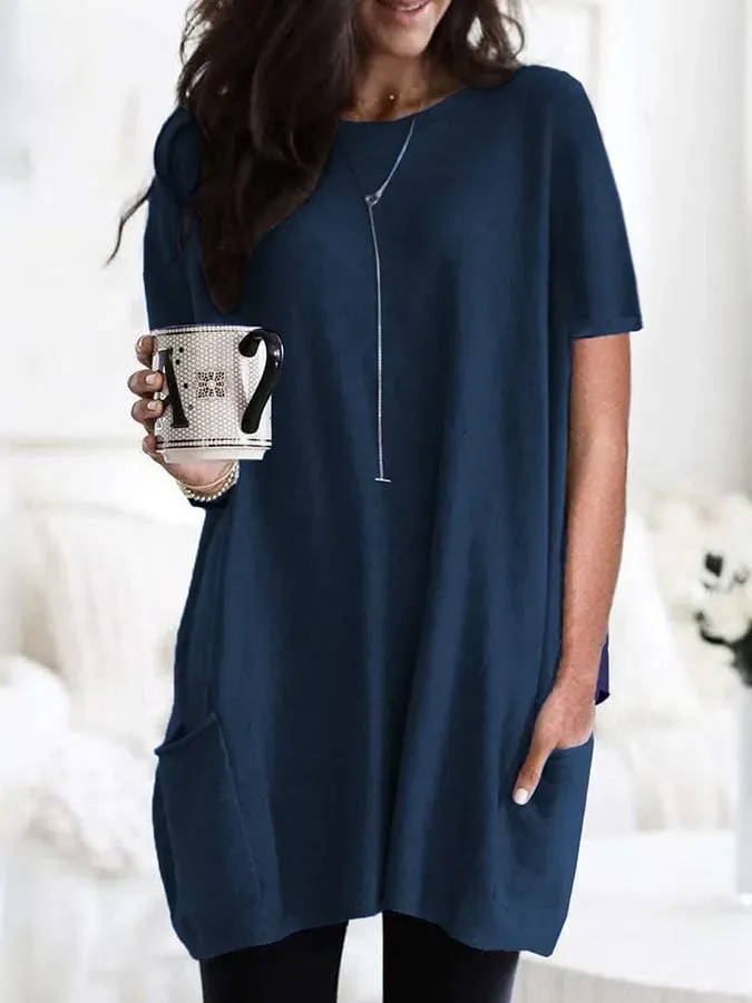 Solid Color Short Sleeve Casual Pocket T-Shirt