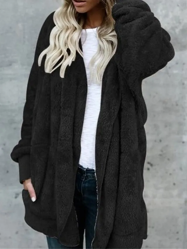 Women's Fleece Sherpa Jacket Teddy Bear Coat with Hood Open Front Winter Coat Fall Windproof Warm Comtemporary Stylish Plush Jacket Long Sleeve Plain with Pockets Oversize Lotus Black