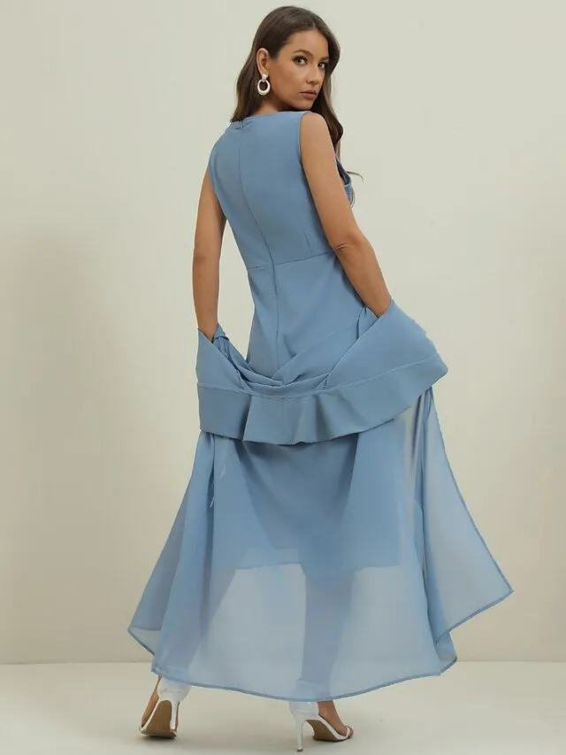 Women's Lace Dress Dress Set Wedding Guest Dress Midi Dress Dusty Blue Green 3/4 Length Sleeve Pure Color Lace up Summer Spring Fall Crew Neck Elegant Party Wedding Guest 2023 S M L XL 2XL 3XL