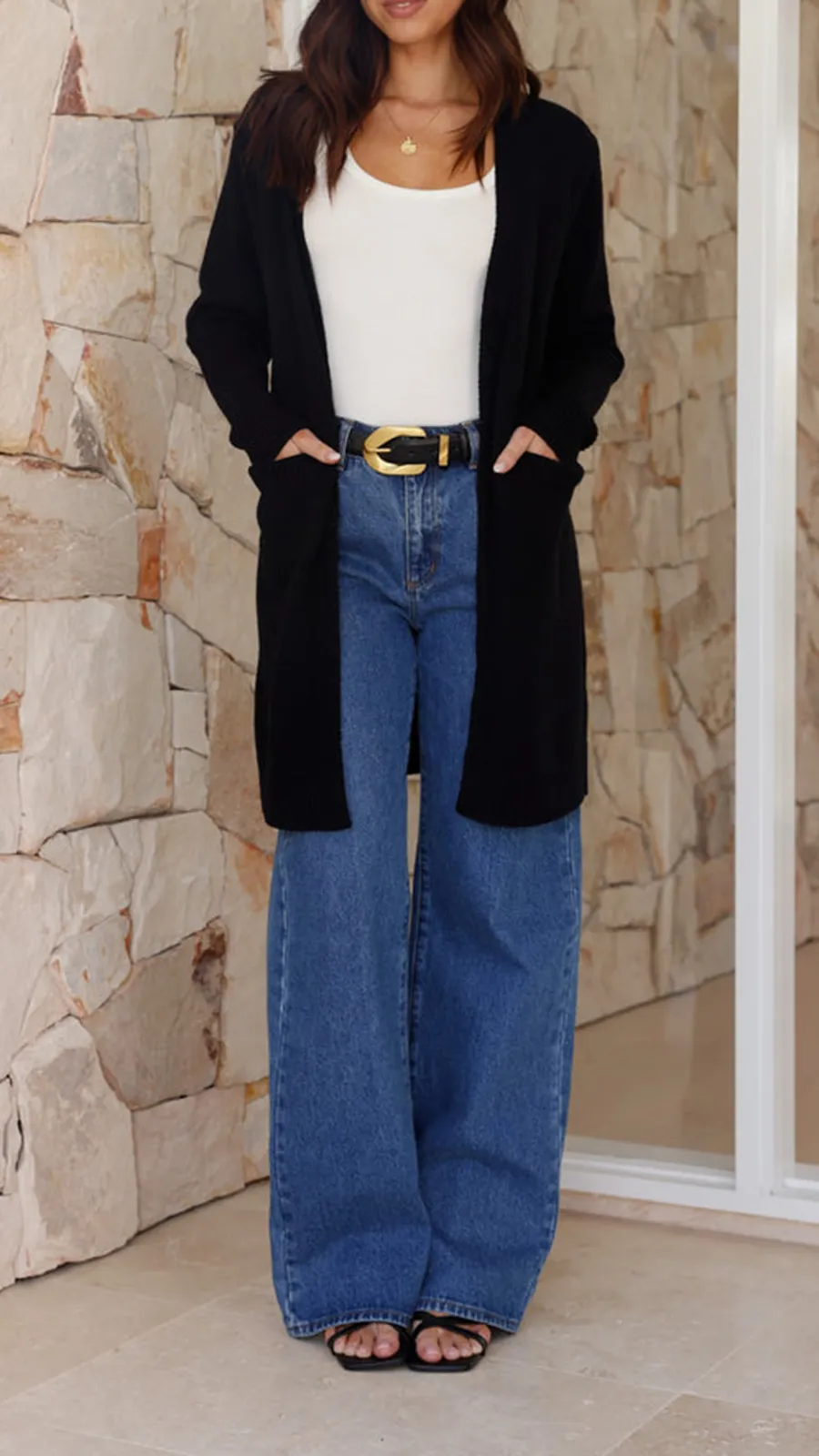 Black Knitted Mid-Length Coat With Pockets