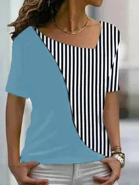Asymmetrical Neck Striped Color Block Basic Casual Cotton-Blend T-Shirt/Tee