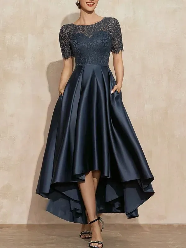 A-Line Scoop Neck Asymmetrical Satin Lace Mother of the Bride Dress With Pockets