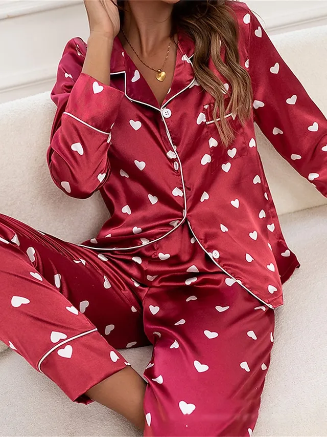 Women's Satin Silk Pajamas Sets Leopard Heart Casual Comfort Soft Home Daily Bed Satin Breathable Lapel Long Sleeve Shirt Pant Summer Spring White Yellow