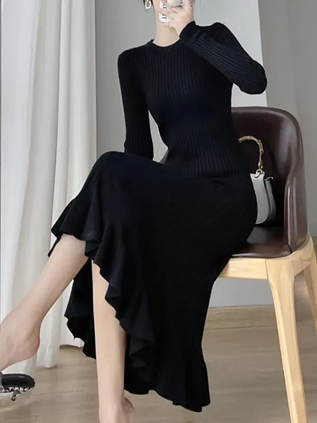 Women's Sweater Dress Knit Dress Jumper Dress Midi Dress Knitwear Elegant Fashion Pure Color Outdoor Daily Vacation Going out Crew Neck Long Sleeve Ruffle Patchwork 2023 Regular Fit Black Pink Beige