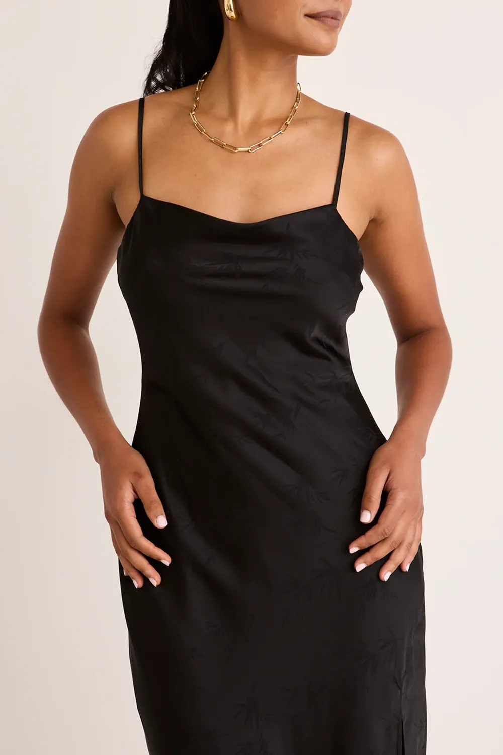 Black Jacquard Satin Strappy Maxi Dress