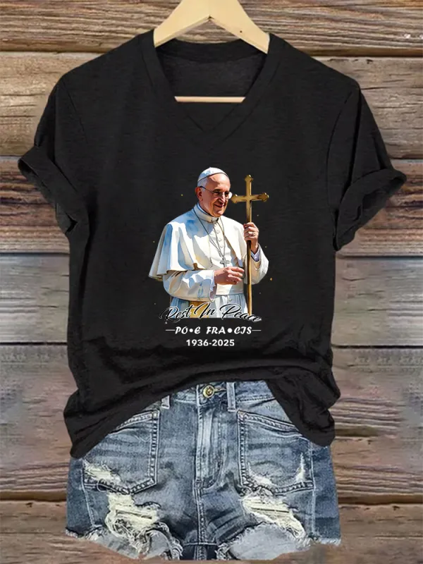 Women's Rest In Peace 1936-2025 Print Short Sleeve V-Neck Cotton T-Shirt