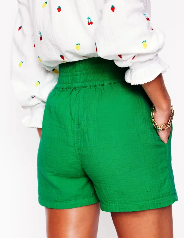 Smocked Double Cloth Shorts -Sapling Green