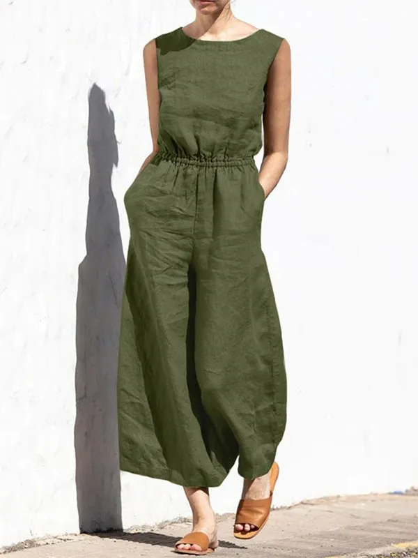 Simple Sleeveless Wide Leg Elasticity Solid Color Round-Neck Jumpsuits