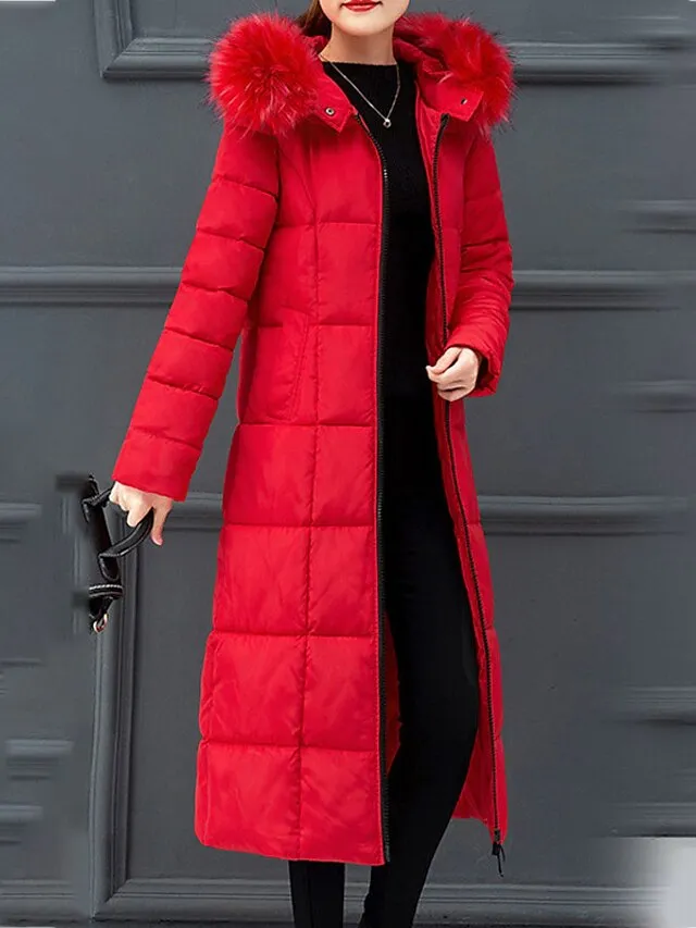 Women's Puffer Jacket Winter Jacket Winter Coat Hoodie Jacket Street Daily Valentine's Day Fall Winter Long Coat Regular Fit Warm Casual Jacket Long Sleeve Plain Full Zip Black Red Blue
