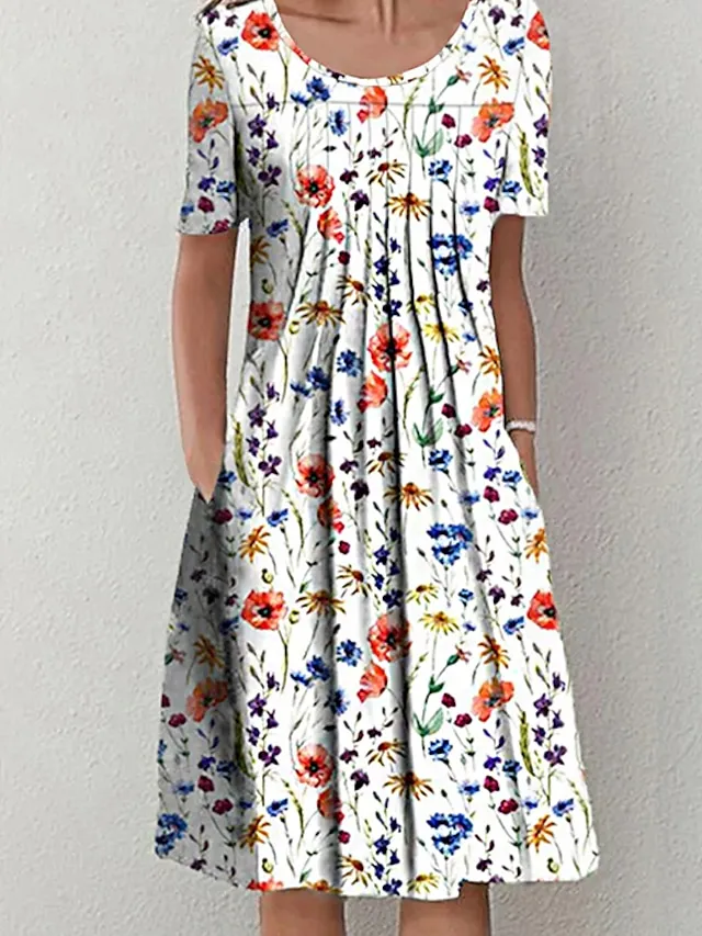 Women's Casual Dress Floral Dress Midi Dress White Short Sleeve Floral Ruched Spring Summer Crew Neck Basic Daily Vacation Weekend 2023 S M L XL XXL 3XL
