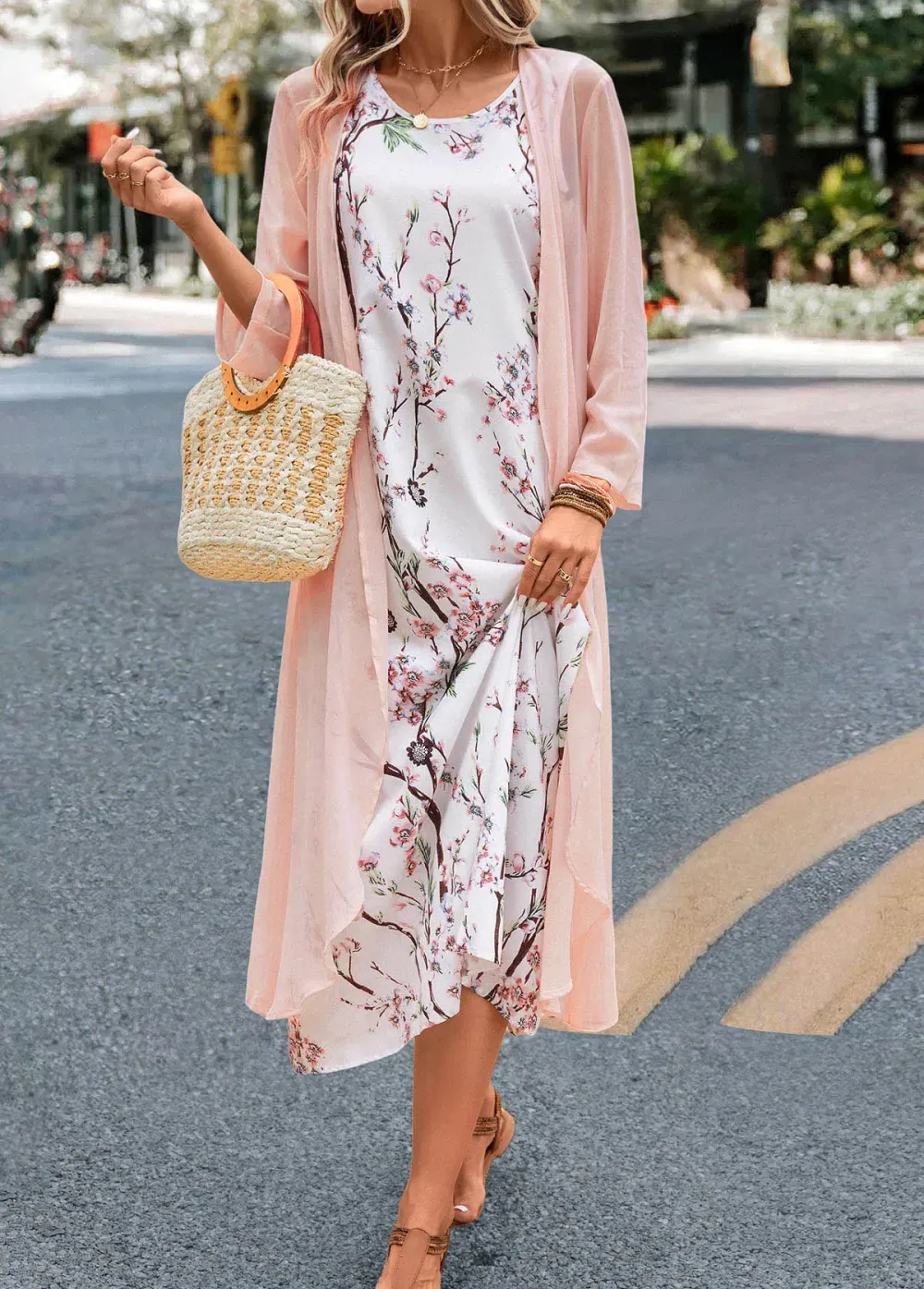 Pink Two Piece Floral Print Maxi Dress and Cardigan