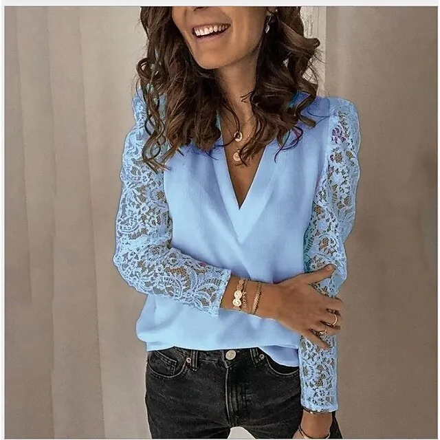 Blouse Women's Black White Pink Solid / Plain Color Lace Patchwork Street Going out Daily Elegant & Luxurious V Neck S