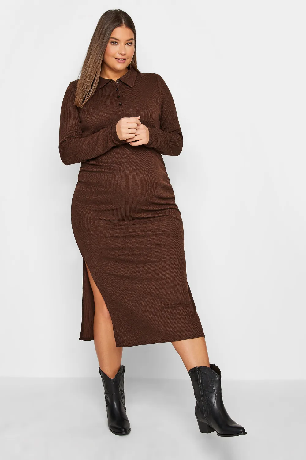 LTS Tall Maternity Brown Ribbed Polo Midi Dress
