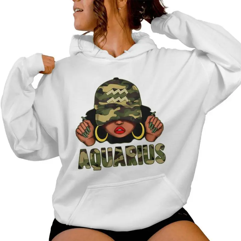 Aquarius Queen Black Woman With Cap Camo Afro Girl Zodiac Women Hoodie