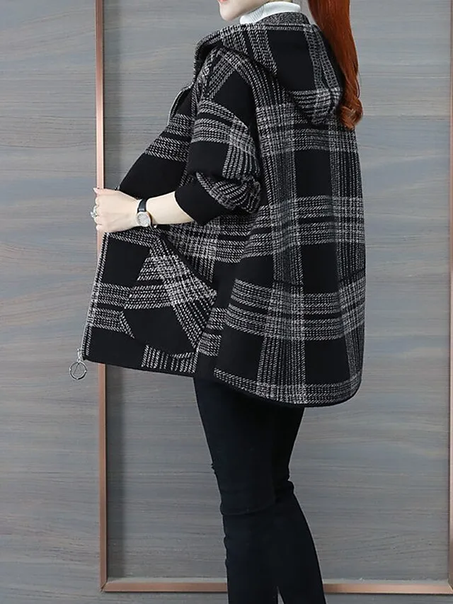 Women's Hoodie Jacket Fall Zip up Sweatshirt Plaid Print Winter Cropped Coat Windproof Warm Casual Jacket Long Sleeve Plaid with Pockets Black