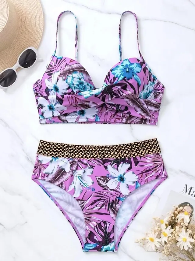 Women's Swimwear Bikini Normal Swimsuit 2 Piece Printing Floral Purple Green Bathing Suits Sports Beach Wear Push Up