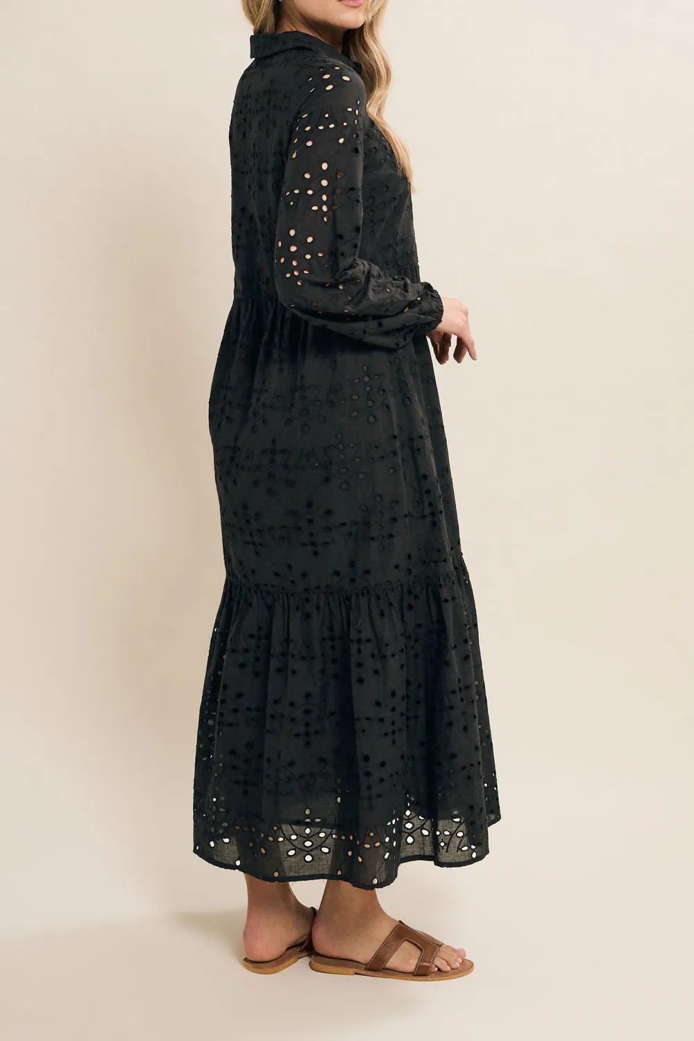 Casual Style Black Broderie Tiered Maxi Dress