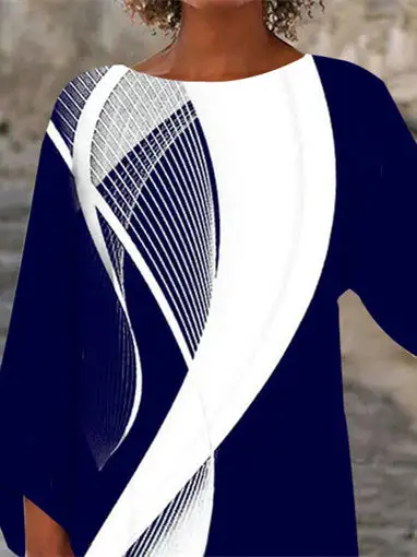 Women Asymmetrical 3/4 Sleeve Scoop Neck Striped Stitching Tops