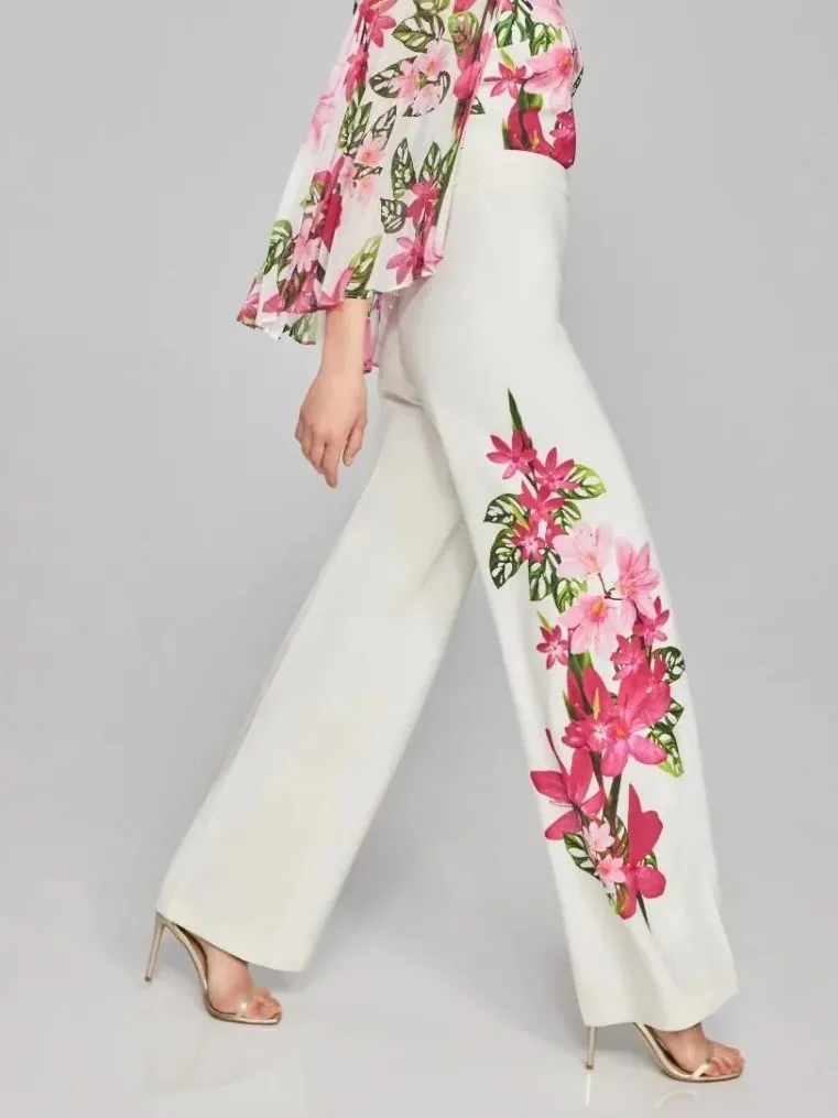White Wide - Leg Pants with Floral Embroidered