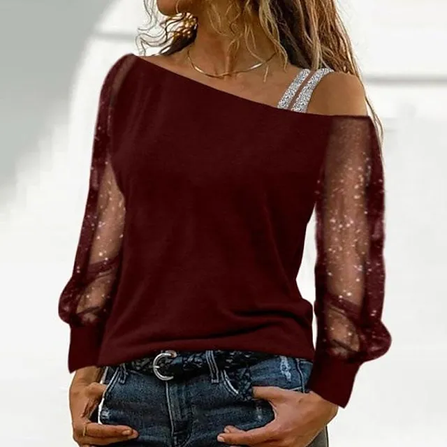 women‘s fashion clothing casual diagonal neck long sleeve top women sexy off shoulder loose t-shirt plus size