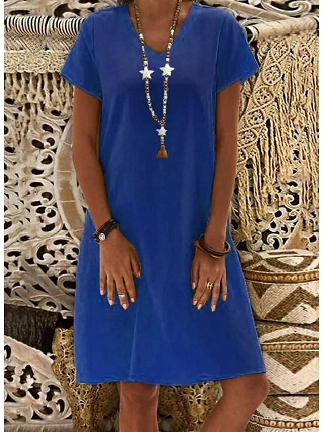 Women's Casual Dress Casual Dress Shift Dress Pure Color Pocket V Neck Midi Dress Basic Daily Vacation Short Sleeve Loose Fit Black Yellow Light Green Summer Spring S M L XL XXL