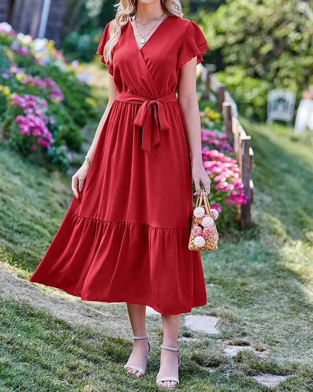 Women Summer Bohemian Floral Casual Wrap V Neck Ruffle Cap Sleeveless Belt A-Line Pleated Hem Swing Midi Sun Dress