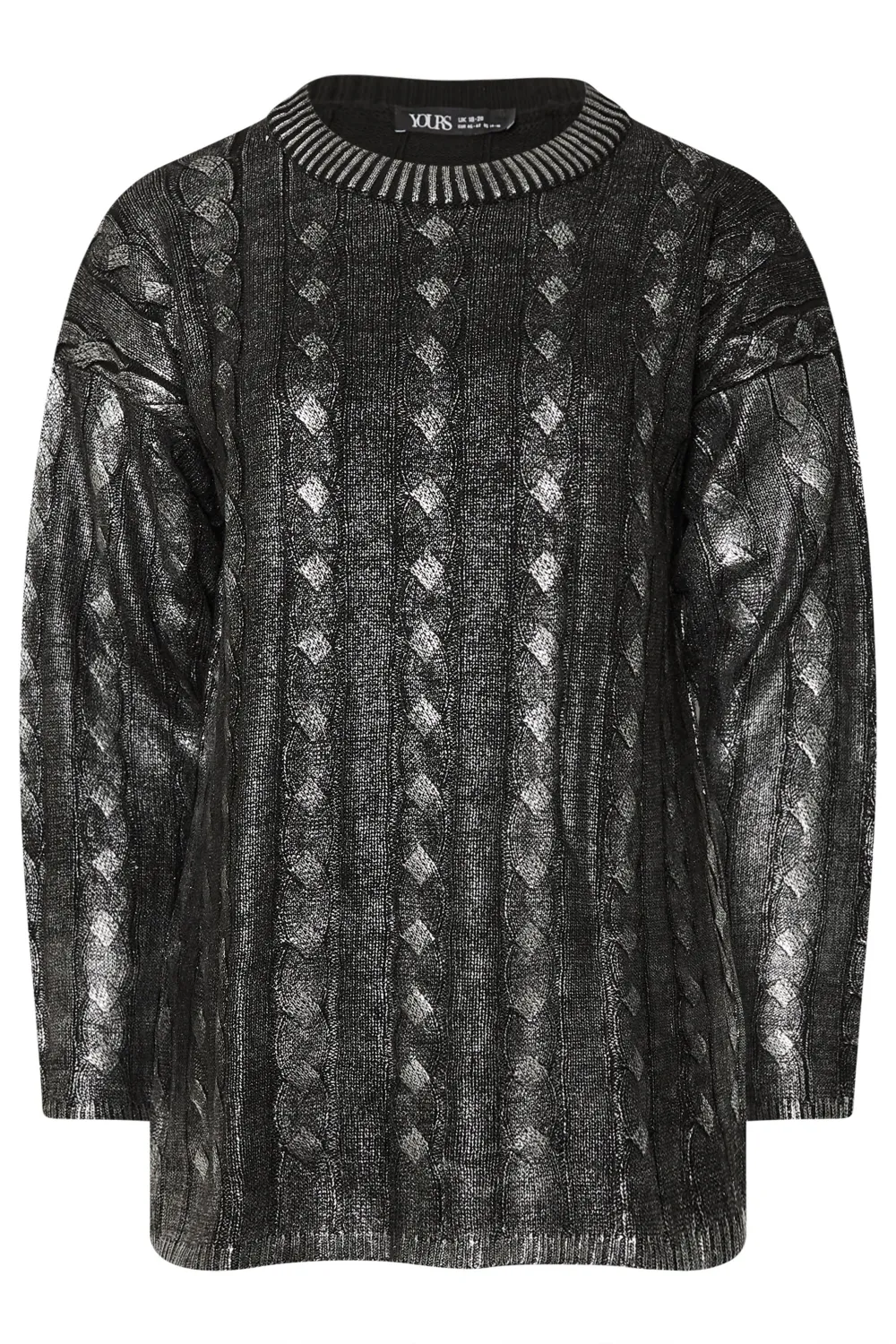 YOURS Curve Charcoal Grey Foil Cable Knit Tunic Jumper