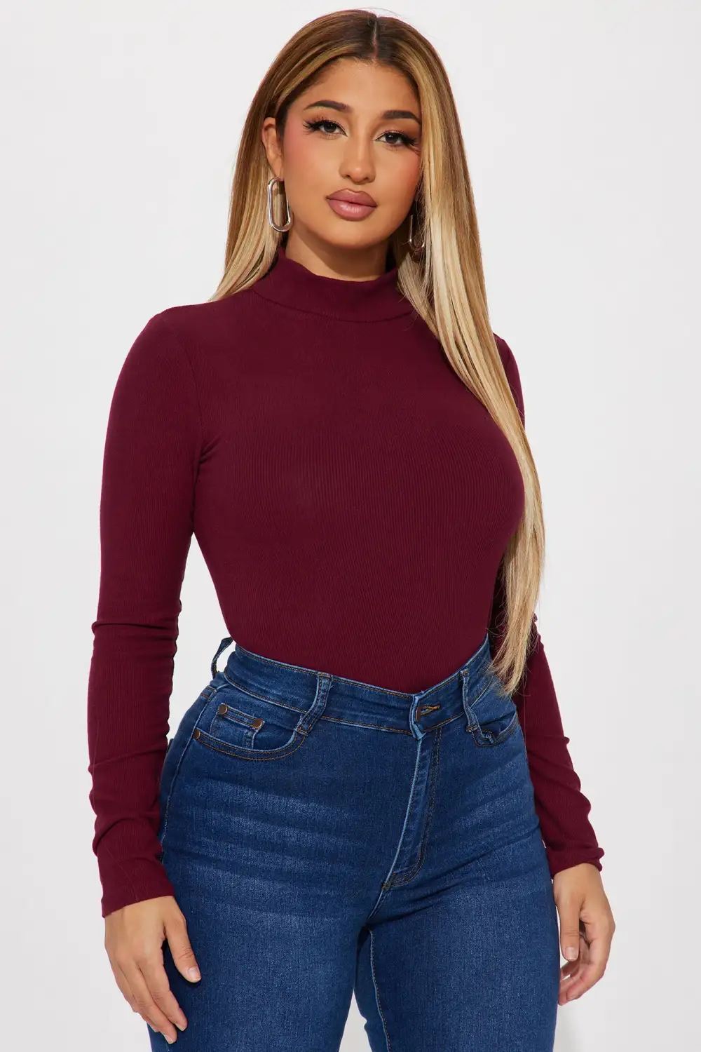 Ashlyn Ribbed Mock Neck Top - Burgundy
